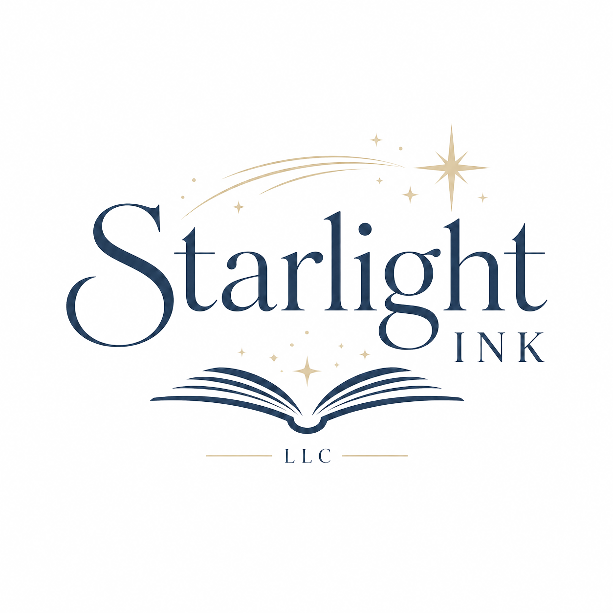 Starlight Ink LLC logo — the company name in navy serif lettering beneath a gold shooting star, above an open book