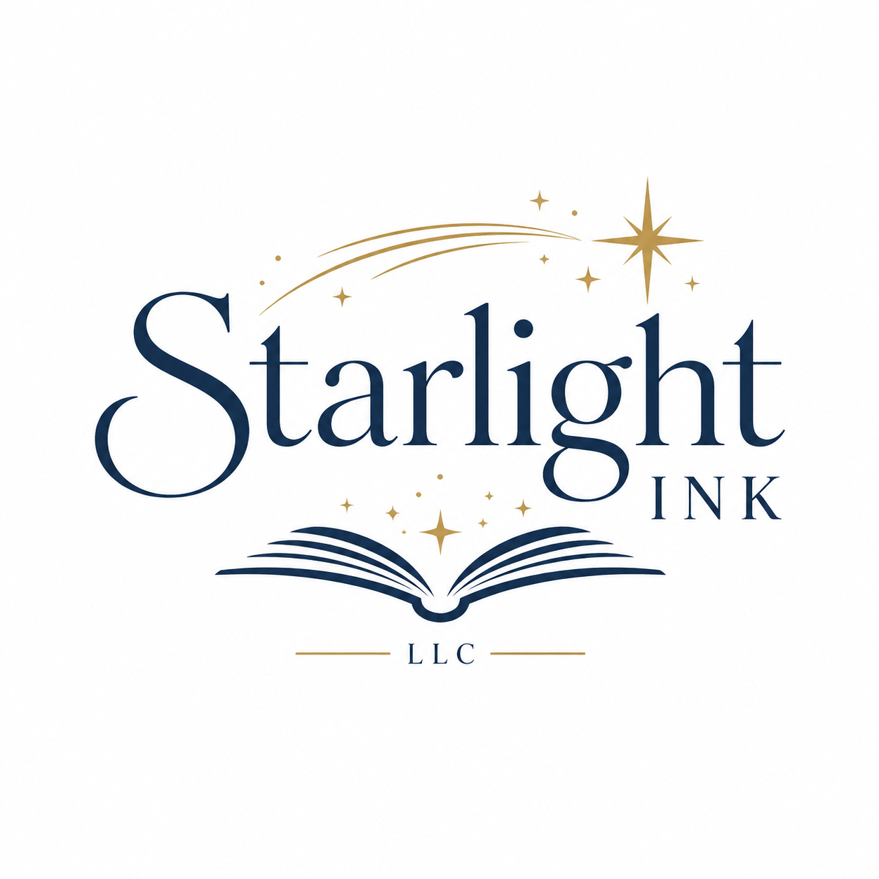 Starlight Ink LLC logo — the company name in navy serif lettering beneath a gold shooting star, above an open book